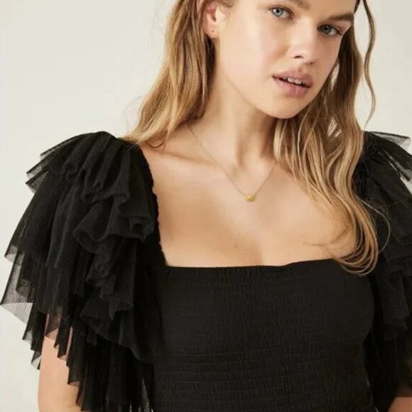 NWT Free People "Kill the Lights" Bodysuit Black Tulle Ruffle Sleeve Top Sm - Picture 6 of 13